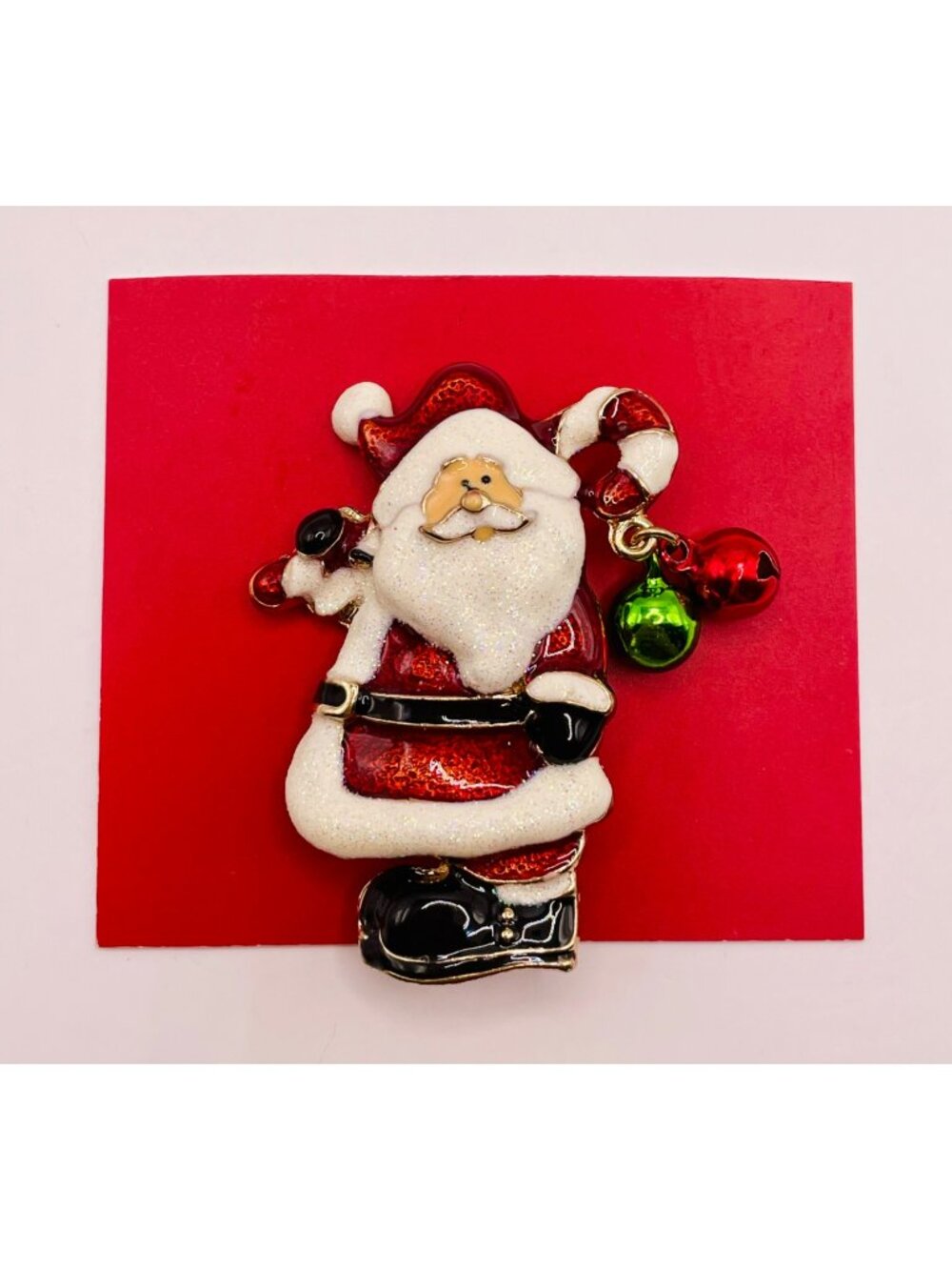 Santa Claus Brooch Red & Green Jingle Bells Glitter Accents Holiday Jewelry -51B